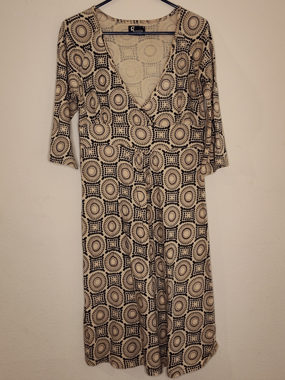 Giggle Organic Neutral Patterned V‑Neck Womens Midi Dress Size Large Lagenlook